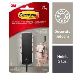 Command Strips 17034mb-Es Medium Matte Black Command Decorative Hook With Command Adhesive Strips