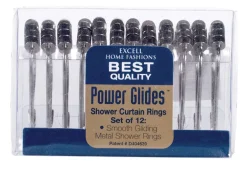 Excell Silver Metal Power Glides Non-Adhesive Shower Curtain Rings