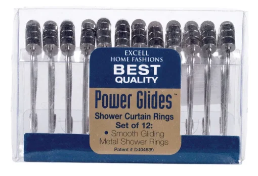 Excell Silver Metal Power Glides Non-Adhesive Shower Curtain Rings