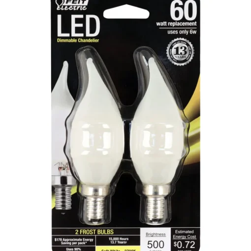 Feit CA10 (Flame Tip) E12 (Candelabra) LED Bulb Soft White 60 Watt Equivalence 2 pk