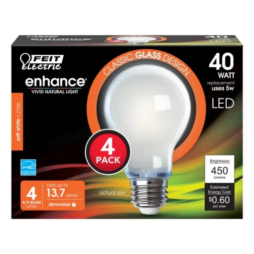 Feit Enhance A19 E26 (Medium) Filament LED Bulb Soft White 40 Watt Equivalence 4 pk