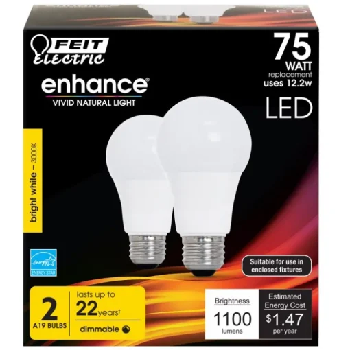 Feit Enhance A19 E26 (Medium) LED Bulb Bright White 75 Watt Equivalence 2 pk