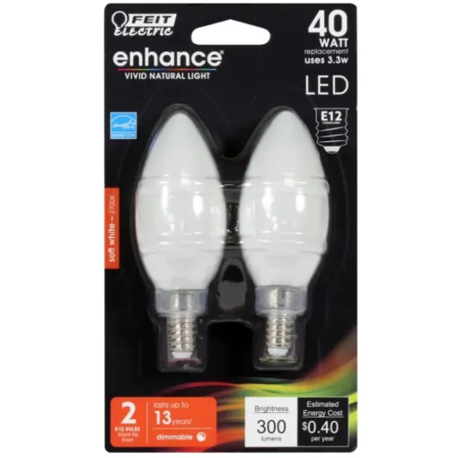 Feit Enhance B10 E12 (Candelabra) Filament LED Bulb Soft White 40 Watt Equivalence 2 pk