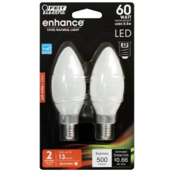 Feit Enhance Blunt Tip E12 (Candelabra) Filament LED Bulb Soft White 60 Watt Equivalence 2 pk