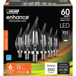 Feit Enhance CA10 (Flame Tip) E12 (Candelabra) Filament LED Bulb Soft White 60 Watt Equivalence 6 pk