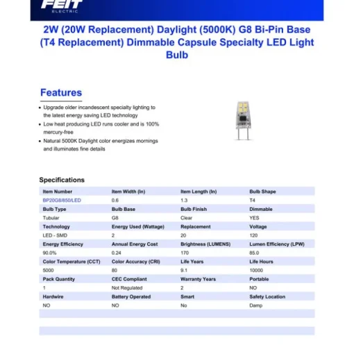 Feit T4 G8 LED Bulb Daylight 20 Watt Equivalence 1 pk