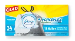 Glad ForceFlex 13 gal Fresh Scent Tall Kitchen Bags Drawstring 34 pk (Pack of 6)