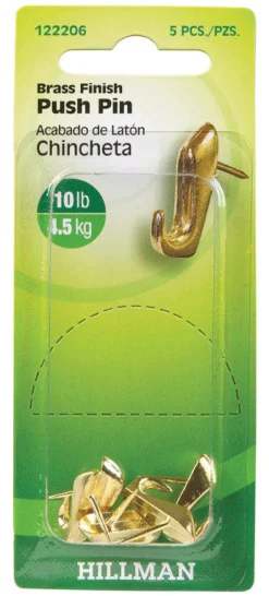Hillman AnchorWire Brass-Plated Gold Push Pin Picture Hook 10 lb. 5 pk (Pack of 10)
