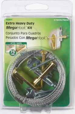 Hillman Brass Braided Wire Extra Heavy Duty Mega Hook Kit 75 lbs. with Built-In Wall Toggle Anchor