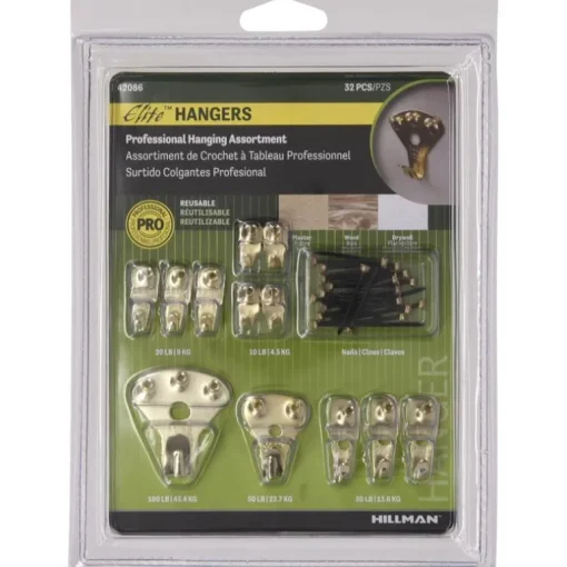 Hillman Elite Brass-Plated Classic Picture Hanging Set 10 lb. 32 pk (Pack of 5)