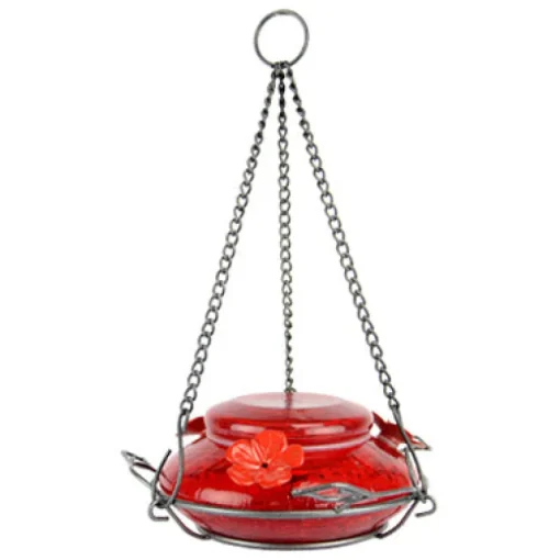 Hummingbird Feeder With Perching Ring, Red Crackle Glass