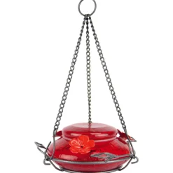 Hummingbird Feeder With Perching Ring, Red Crackle Glass