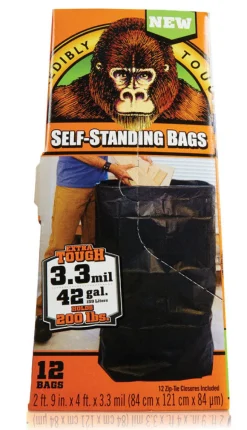 Incredibly Tough Self Standing Bags 1197832 42 Gallon Black Self-Standing Gorilla Bag 12 Count