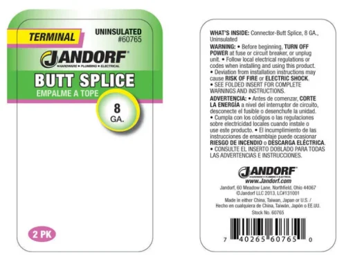Jandorf 8 Ga. Uninsulated Wire Terminal Butt Splice Silver 2 pk