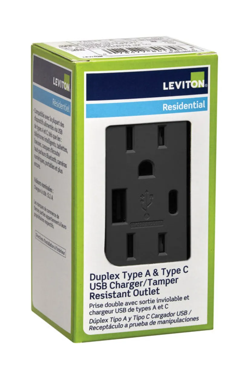 Leviton Decora 15 amps 125 V Type A/C Duplex Black Outlet and USB Charger 5-15R 1 pk