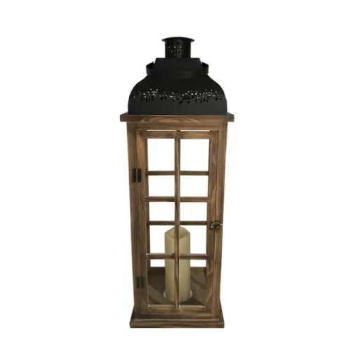 Meadow Creek 29 in. Metal/Wood Decorative Black/Brown Lantern