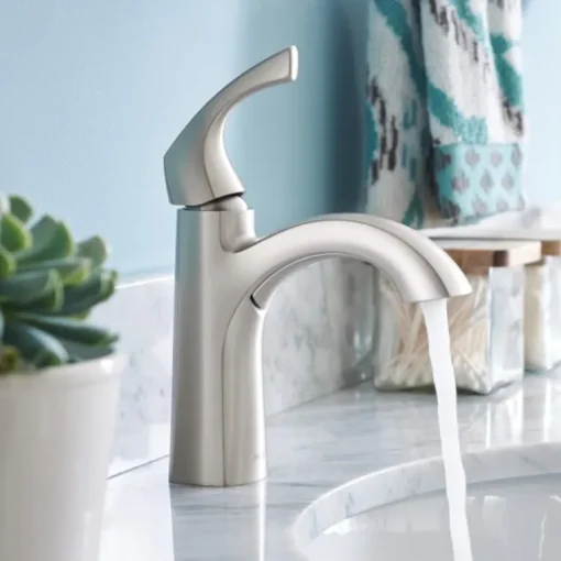 Moen Lindor 1.2 GPM Brushed Nickel High Arc Spout Single Handle Lavatory Faucet 4 in.