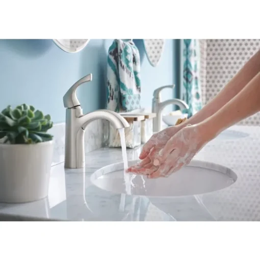 Moen Lindor 1.2 GPM Brushed Nickel High Arc Spout Single Handle Lavatory Faucet 4 in.