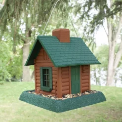 North States Log Cabin Wild Bird 1 lb Plastic Log Cabin Hopper Bird Feeder 4 ports