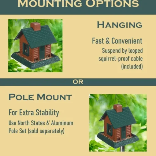 North States Log Cabin Wild Bird 1 lb Plastic Log Cabin Hopper Bird Feeder 4 ports