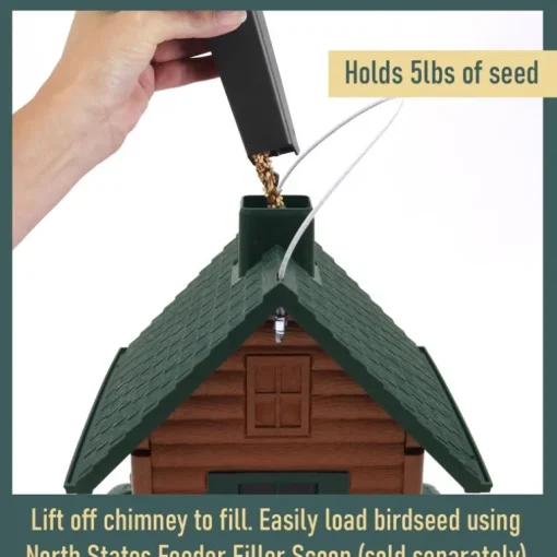 North States Log Cabin Wild Bird 1 lb Plastic Log Cabin Hopper Bird Feeder 4 ports
