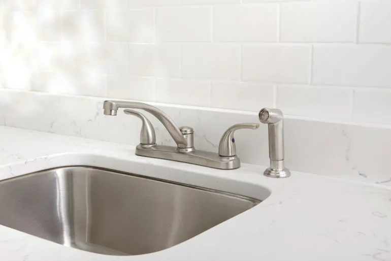 OakBrook Two Handle Brushed Nickel Kitchen Faucet Side Sprayer Included