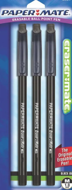 Paper Mate 3160458pp Black Medium Tip Erasermate Stick Ballpoint Pen 3 Count (Pack of 6)