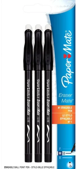 Paper Mate 3160458pp Black Medium Tip Erasermate Stick Ballpoint Pen 3 Count (Pack of 6)