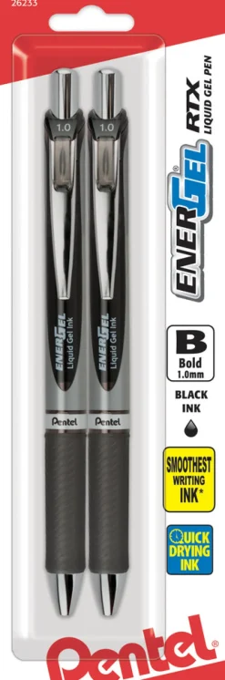 Pentel BL80BP2A 1.0mm Black EnerGelÂ® RTX Retractable Liquid Gel Pen 2 Pack