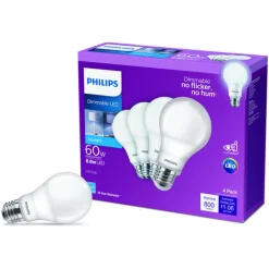 Philips A19 E26 (Medium) LED Bulb Daylight 60 Watt Equivalence 4 pk