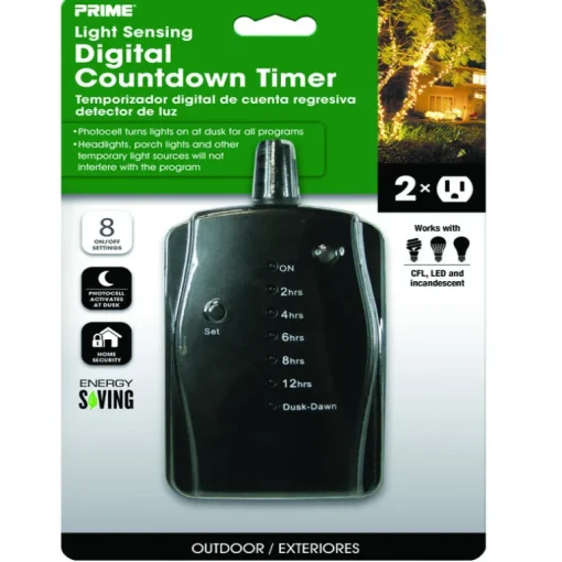 Prime Black 125V 1875W Outdoor 24 Hour Digital Countdown Timer with 2-Grounded Outlets