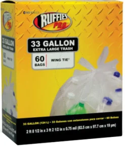 Ruffies Pro 1124909 33 Gallon Clear X-Large Trash Bags 60 Count (Pack Of 6)