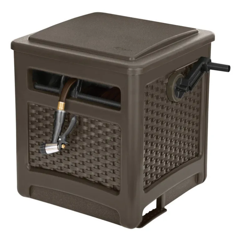 Suncast Smart Trak Brown Resin Free Standing Wicker Hideaway Hose Reel 225 ft. Capacity