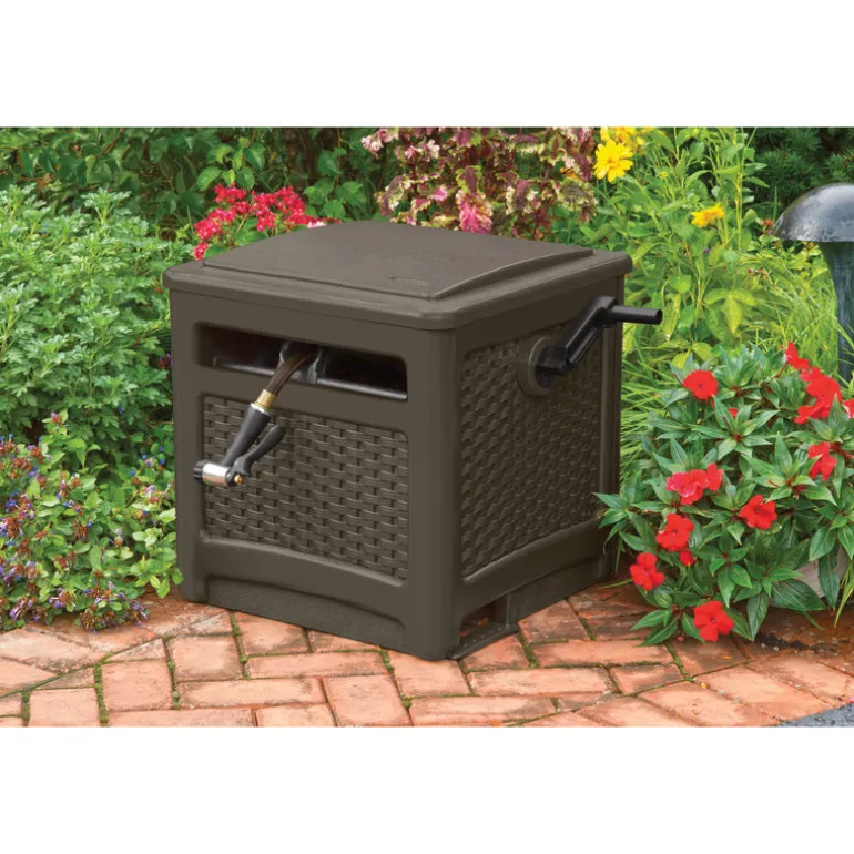 Suncast Smart Trak Brown Resin Free Standing Wicker Hideaway Hose Reel 225 ft. Capacity