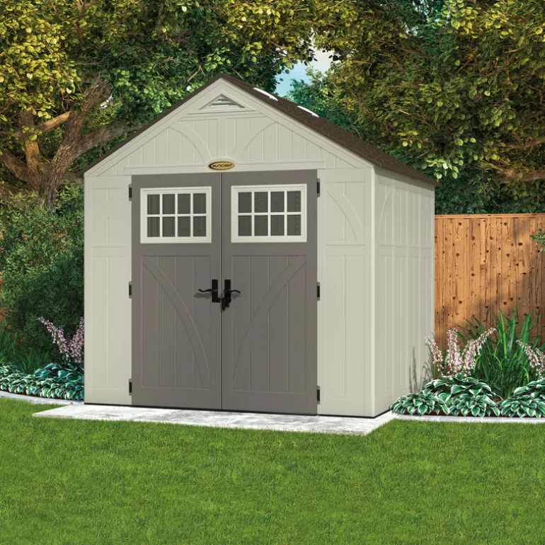 Suncast Tremont 8 ft. x 7 ft. Resin Vertical Peak Storage Shed with Floor Kit