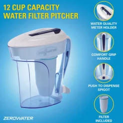 ZeroWater Ready-Pour 12 cups Blue Water Filtration Pitcher
